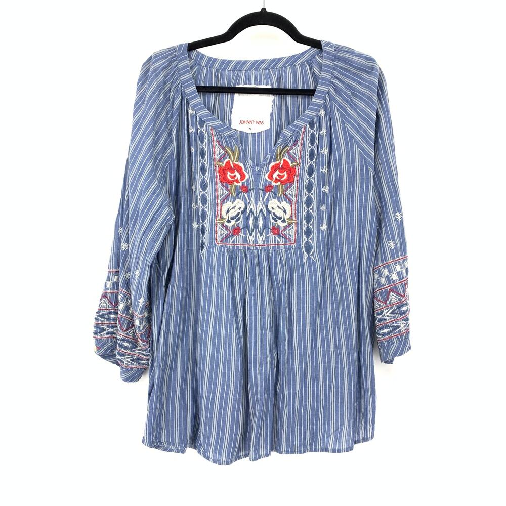 Johnny Was 3J Workshop Tunic Top Womens XL Blue Stripe Embroidered Floral Boho